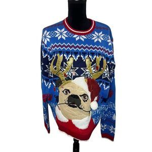 UGLY CHRISTMAS SWEATER FESTIVE HOLIDAY PUG/DOGW SANTA HAT MENS SWEATER SIZE L